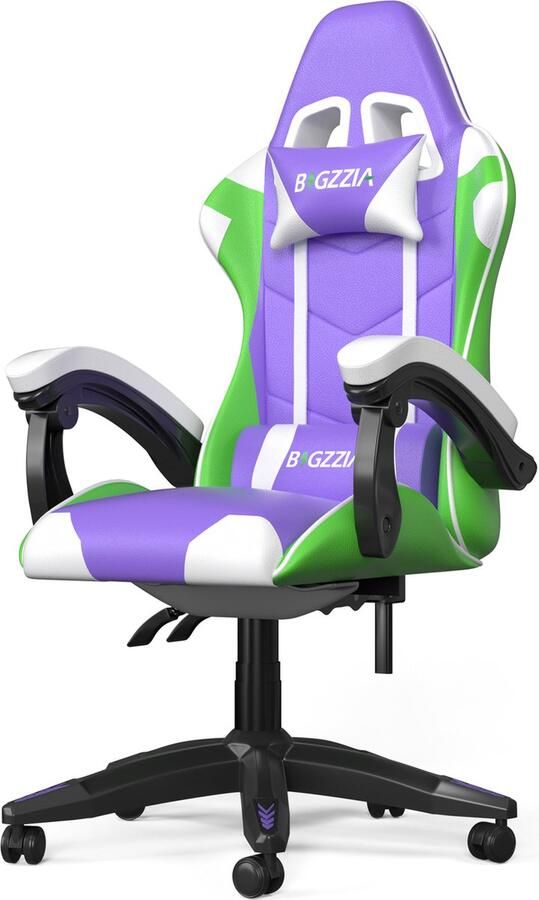 BIGZZIA Gaming stoel Bureaustoel Ergonomische Gaming stoel in veelkleurig PU leer 155° verstelbare rugleuning met lendesteun en hoofdsteun Paars en Groen