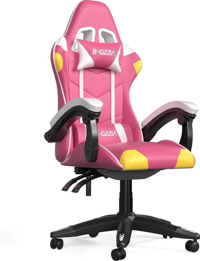 BIGZZIA Gaming stoel Bureaustoel Ergonomische Gaming stoel in veelkleurig PU leer 155° verstelbare rugleuning met lendesteun en hoofdsteun Geel en roze