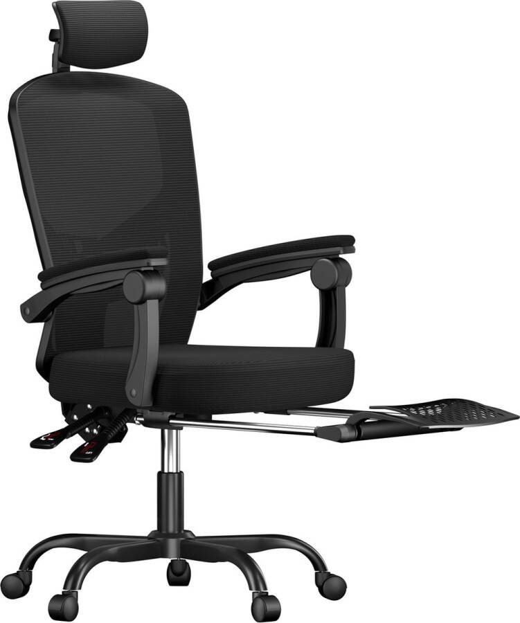 BIGZZIA Bureaustoel Ergonomische Fauteuil met Armleuningen Hoofdsteun Voetsteun Verstelbare Lendensteun Zwart
