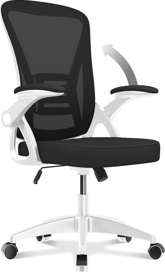 BIGZZIA Bureaustoel Ergonomische Stoel Fauteuil met 90° opklapbare armleuning Lendensteun In hoogte verstelbaar Wit