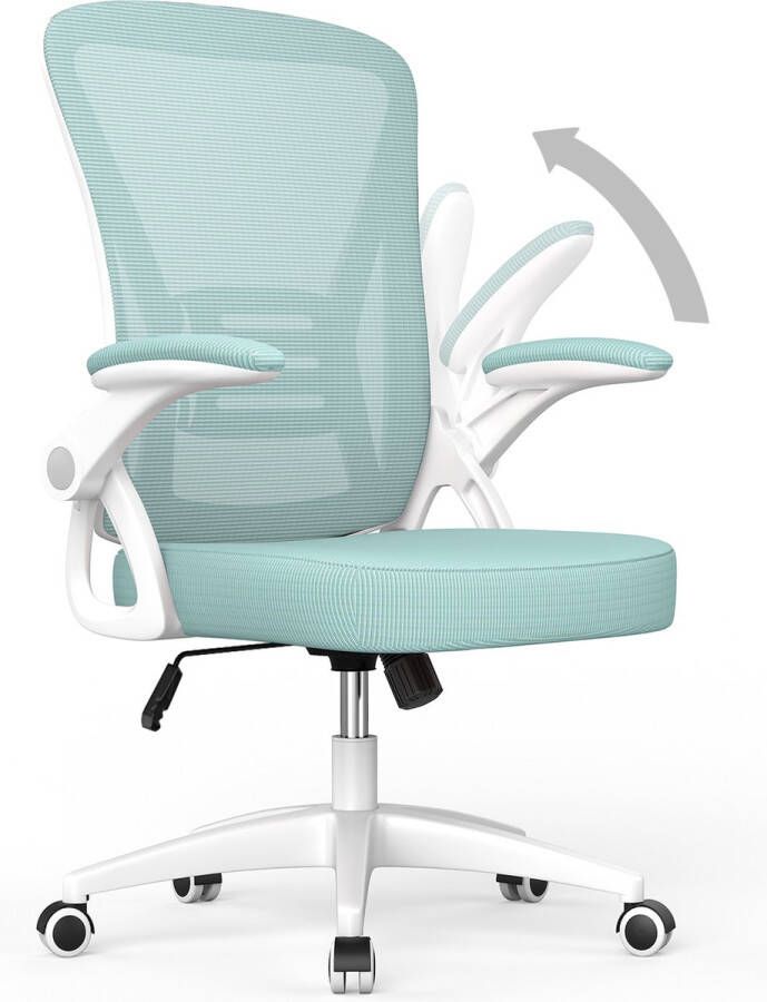 BIGZZIA Bureaustoel Ergonomische Stoel Fauteuil met 90° opklapbare armleuning Lendensteun In hoogte verstelbaar Groen