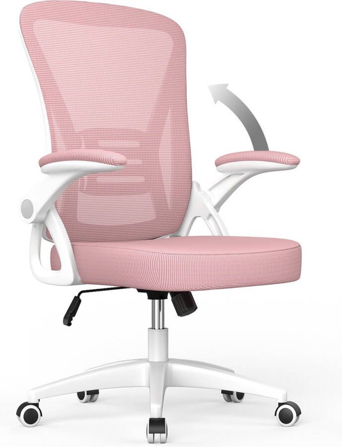 BIGZZIA Bureaustoel Ergonomische Stoel Fauteuil met 90° opklapbare armleuning Lendensteun In hoogte verstelbaar Roze
