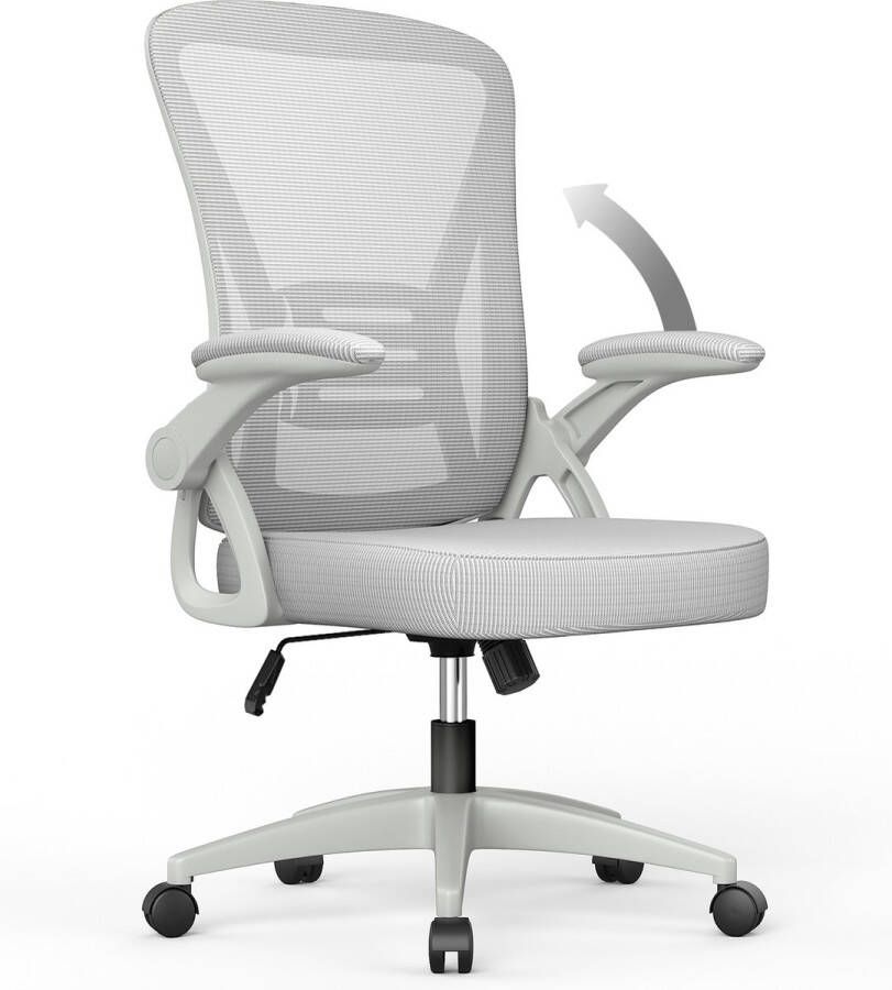 BIGZZIA Bureaustoel Ergonomische Stoel Fauteuil met 90° opklapbare armleuning Lendensteun In hoogte verstelbaar Grijs