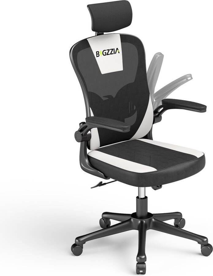 BIGZZIA Bureaustoel Ergonomische stoel met 2D armleuningen in hoogte verstelbare hoofdsteun lendensteun rugleuning Zwart en wit