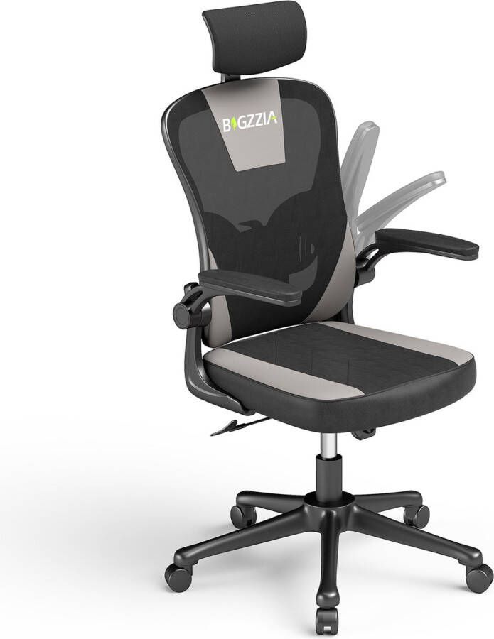 BIGZZIA Bureaustoel Ergonomische stoel met 2D armleuningen in hoogte verstelbare hoofdsteun lendensteun rugleuning Zwart en grijs