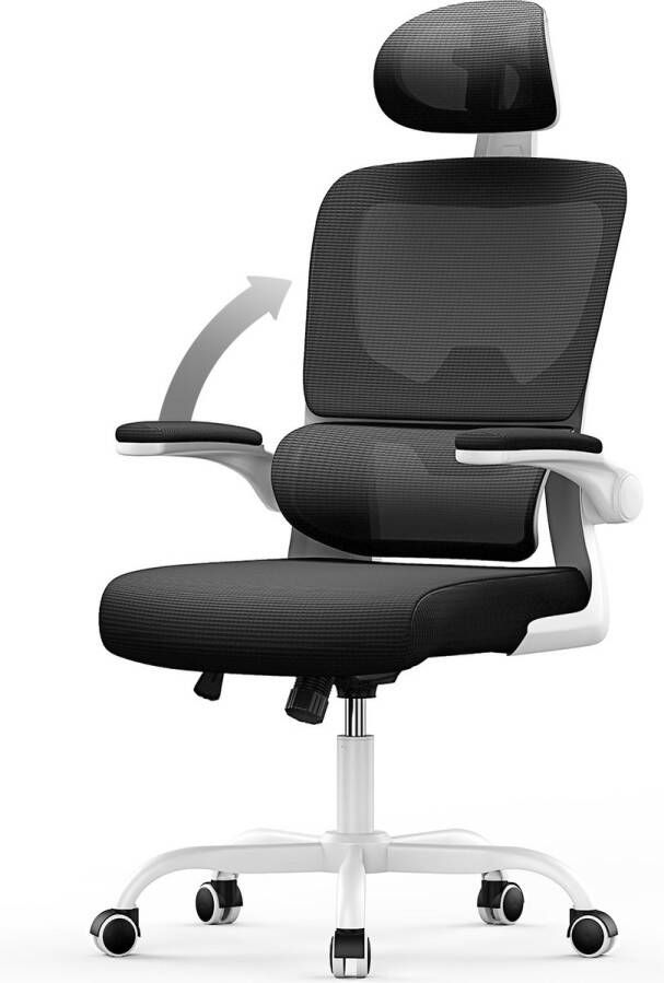 BIGZZIA Ergonomische bureaustoel Fauteuil met 90° opklapbare armleuning Adaptieve lendensteun In hoogte verstelbaar Wit