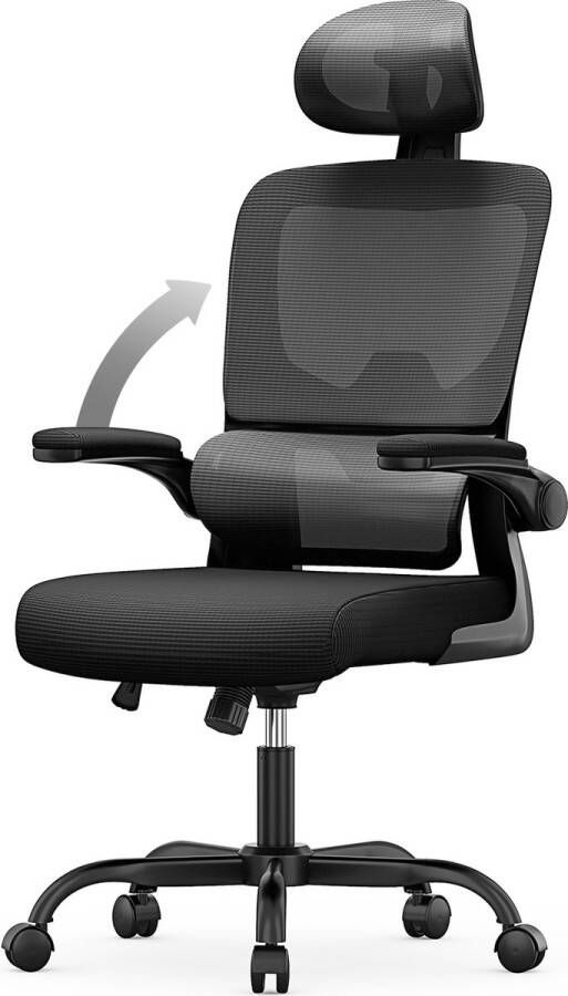 BIGZZIA Ergonomische bureaustoel Fauteuil met 90° opklapbare armleuning Adaptieve lendensteun In hoogte verstelbaar Zwart