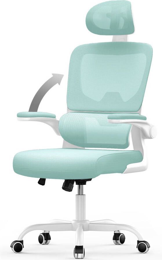 BIGZZIA Ergonomische bureaustoel Fauteuil met 90° opklapbare armleuning Adaptieve lendensteun In hoogte verstelbaar Groen