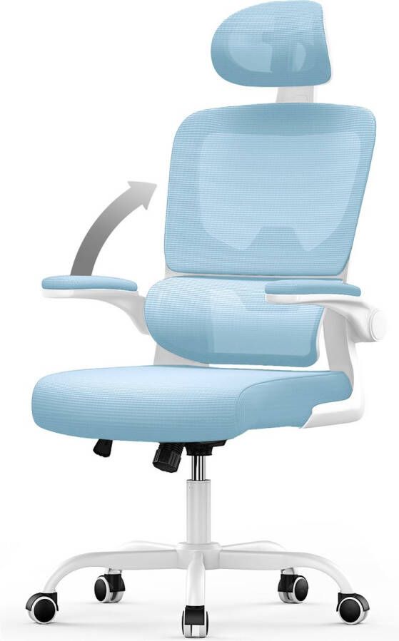 BIGZZIA Ergonomische bureaustoel Fauteuil met 90° opklapbare armleuning Adaptieve lendensteun In hoogte verstelbaar Blauw