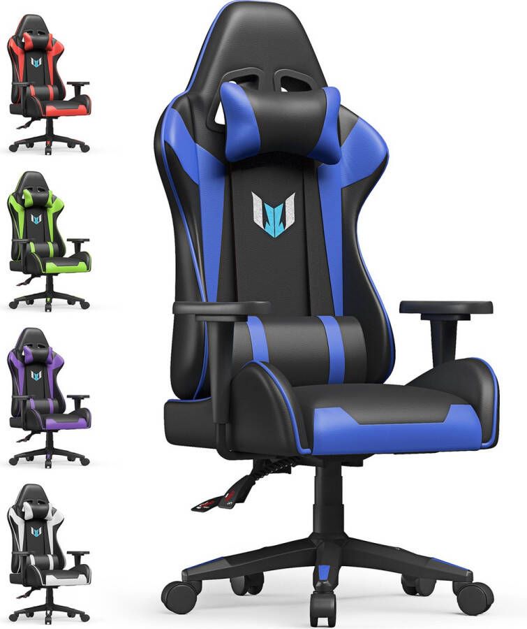 BIGZZIA Ergonomische Gamer Stoel Gamer Stoel met Hoofdsteun en Lendekussen 90°-155° Reclining Zwart en Blauw
