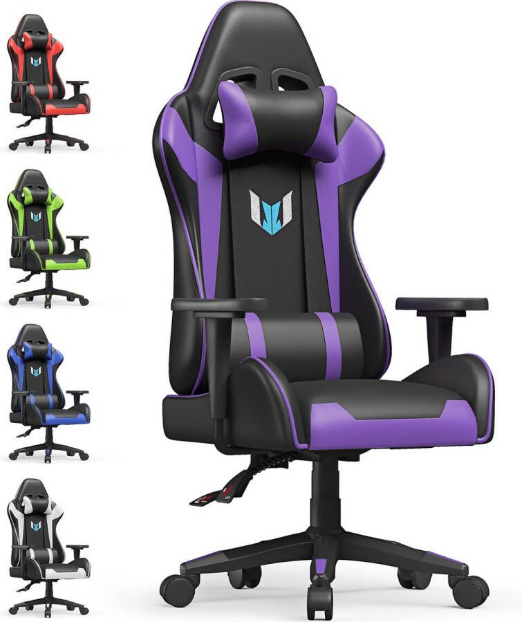 BIGZZIA Ergonomische Gamer Stoel Gamer Stoel met hoofdsteun en lendenkussen 90°-155° verstelbare Zwart en Paars