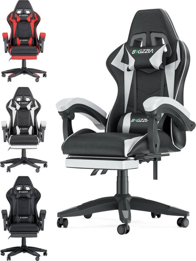 BIGZZIA Ergonomische gamerstoel Bureaustoel Met hoofdsteun lendensteun en voetensteun In hoogte verstelbaar