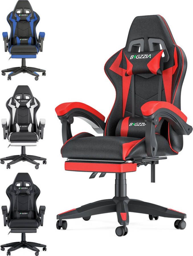 BIGZZIA Ergonomische gamerstoel Bureaustoel Met hoofdsteun lendensteun en voetensteun In hoogte verstelbaar