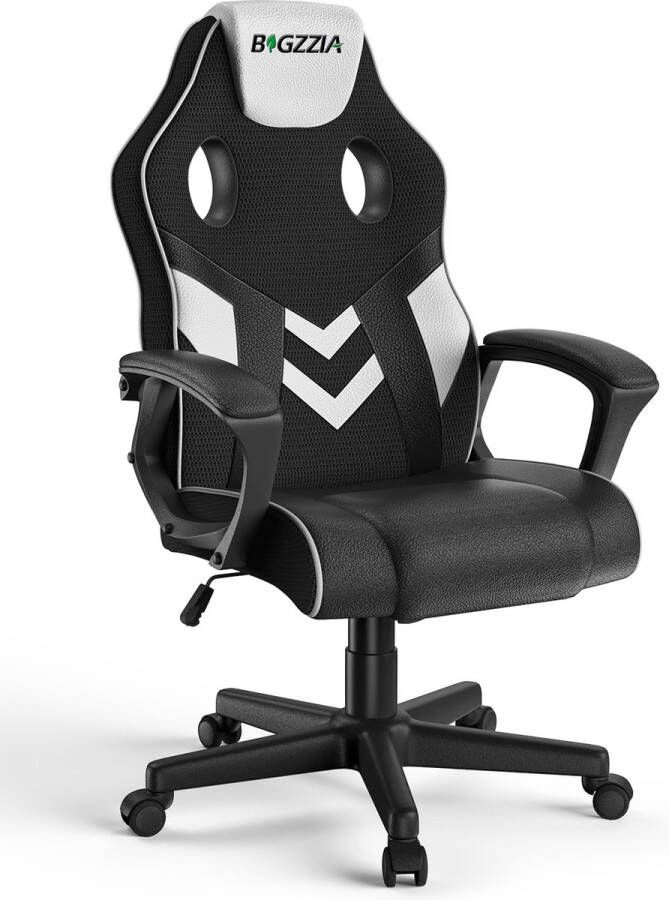 BIGZZIA Liggende bureaustoel Gamer In Hoogte Verstelbare Stoel met ademende rugleuning en comfortabele hoofdsteun Zwart en Wit