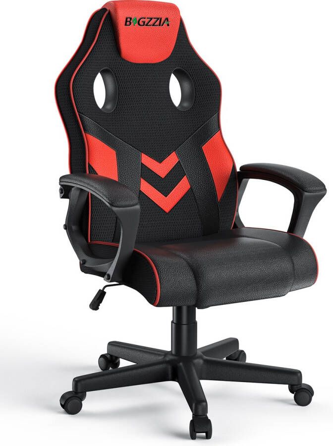 BIGZZIA Liggende bureaustoel Gamer In Hoogte Verstelbare Stoel met ademende rugleuning en comfortabele hoofdsteun Zwart en Rood