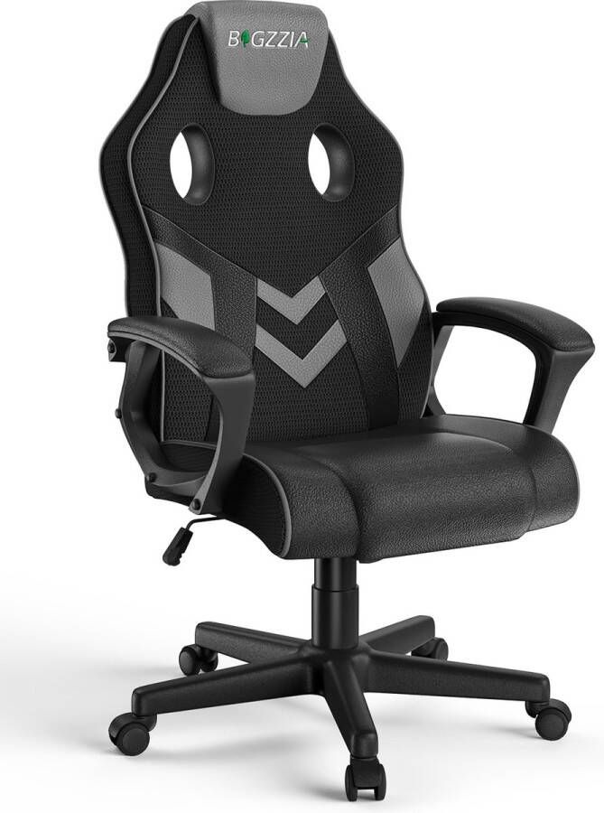 BIGZZIA Liggende bureaustoel Gamer In Hoogte Verstelbare Stoel met ademende rugleuning en comfortabele hoofdsteun Zwart en Grijs