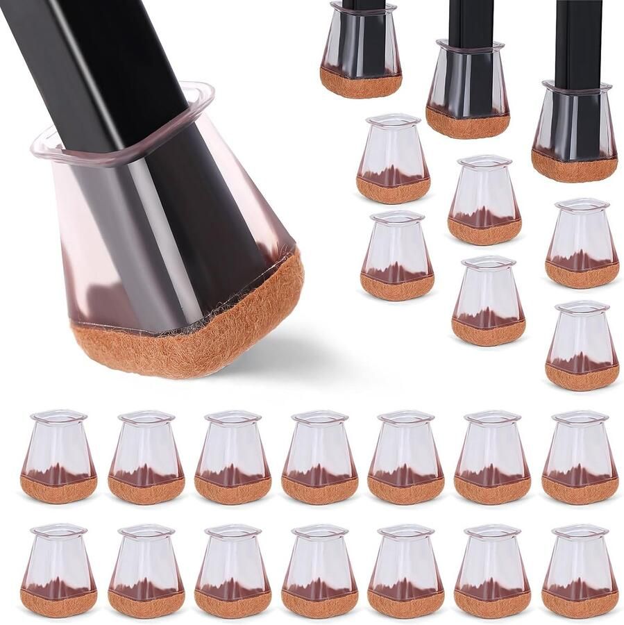 Ezprotekt 24 stuks stoelpootdoppen hoekig transparant siliconen stoelpootbeschermers met vilten kussens beschermdoppen voor stoelpoten geen lawaai geen krassen (vierkant M pasvorm: 20-26 mm)