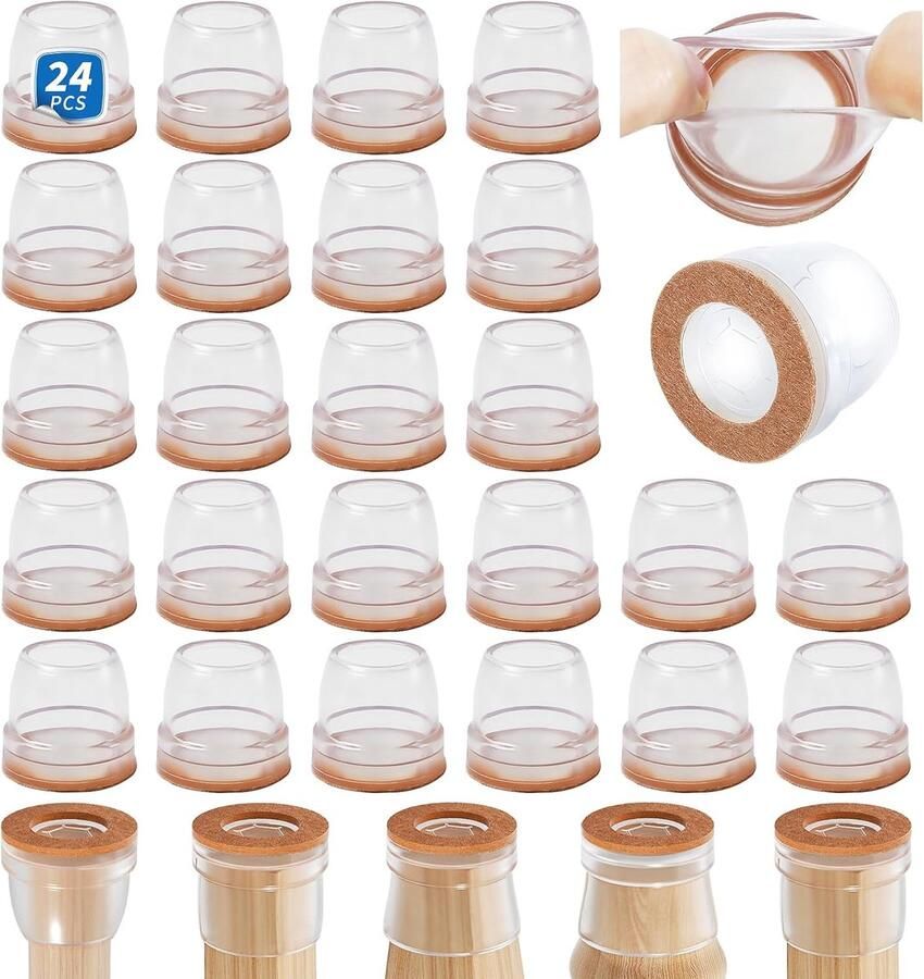 Bingfing Stoelpoothoezen 24 stuks transparante siliconen stoelpootbeschermers van 3 2 cm met omwikkeld vilt rubberen stoelpootdoppen meubelvoetbeschermers pads geen lawaai geen krassen