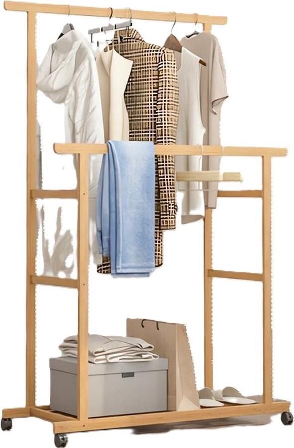 Bingopaw ShopEighty8 Bamboe Kledingrek Op Wielen Kledingrek Dubbel Hangende Rails Met opbergplank Kapstok 80x40 x160 CM