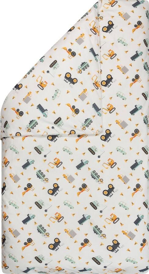 BINK Bedding Dekbedovertrek Bram ledikant 100 x 135 cm exclusief sloop auto's vrachtwagen kiepwagen tractor werkvoertuigen mintgroen ecru oranje geel grijs tweezijdig katoen jongens baby peuter