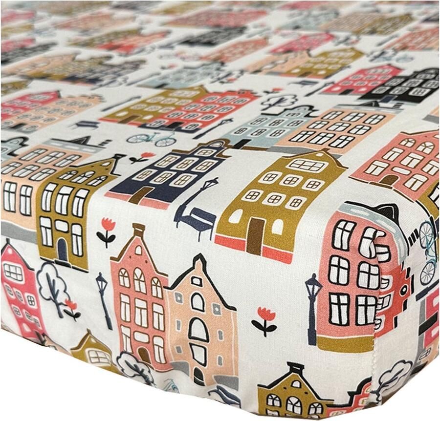 BINK Bedding Hoeslaken Adam 70 x 150 cm print met huisjes Hollandse huisjes ecru roze peach blue grijs mosterdgeel juniorbed peuterbed