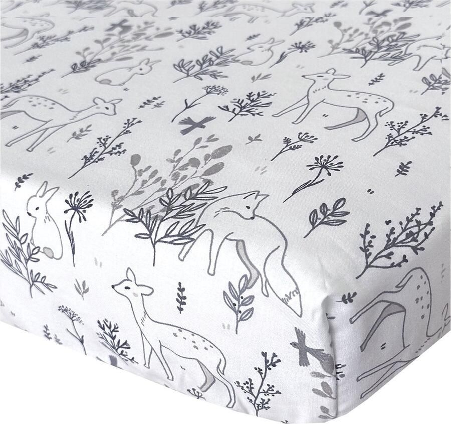 BINK Bedding Hoeslaken Bas 90 x 200 cm bosdieren konijn vos hert grijs beige taupe naturel kinderhoeslaken hoeslaken met print hoeslaken kinderbed hoeslaken eenpersoonsbed hoeslaken met print bunny fox rabbit