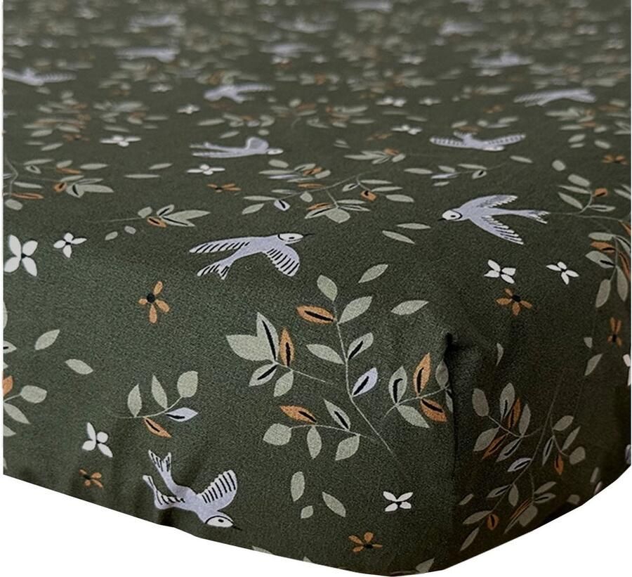 BINK Bedding Hoeslaken Merel 70 x 150 cm groen zachtgroen jade lila caramel vogel bloemen tweezijdig juniorbed peuterbed peuter kleuter