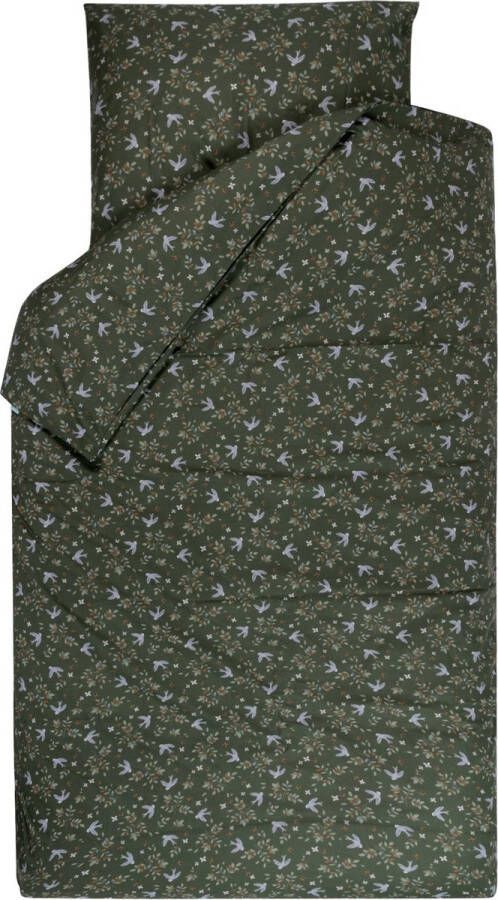 BINK Bedding Dekbedovertrek Merel junior 120 x 150 cm kussensloop 60 x 70 cm donkergroen groen zachtgroen jade lila caramel vogel bloemen tweezijdig juniorbed peuterbed peuter kleuter