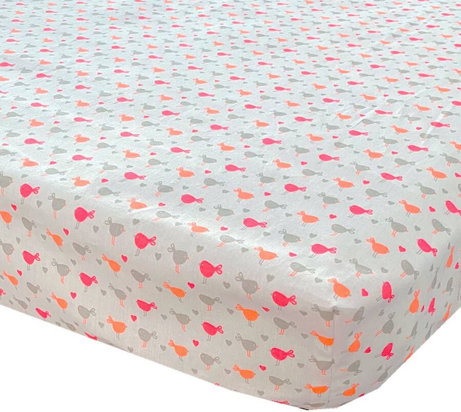 BINK Bedding Hoeslaken Birdie 70 x 150 juniorbed peuterbed kinderkamer neon oranje roze grijs wit vogels hartje