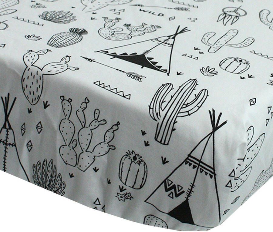 BINK Bedding Hoeslaken Indiana 70 x 150 cm juniorbed peuterbed kinderkamer zwart wit tipi dromenvanger cactus