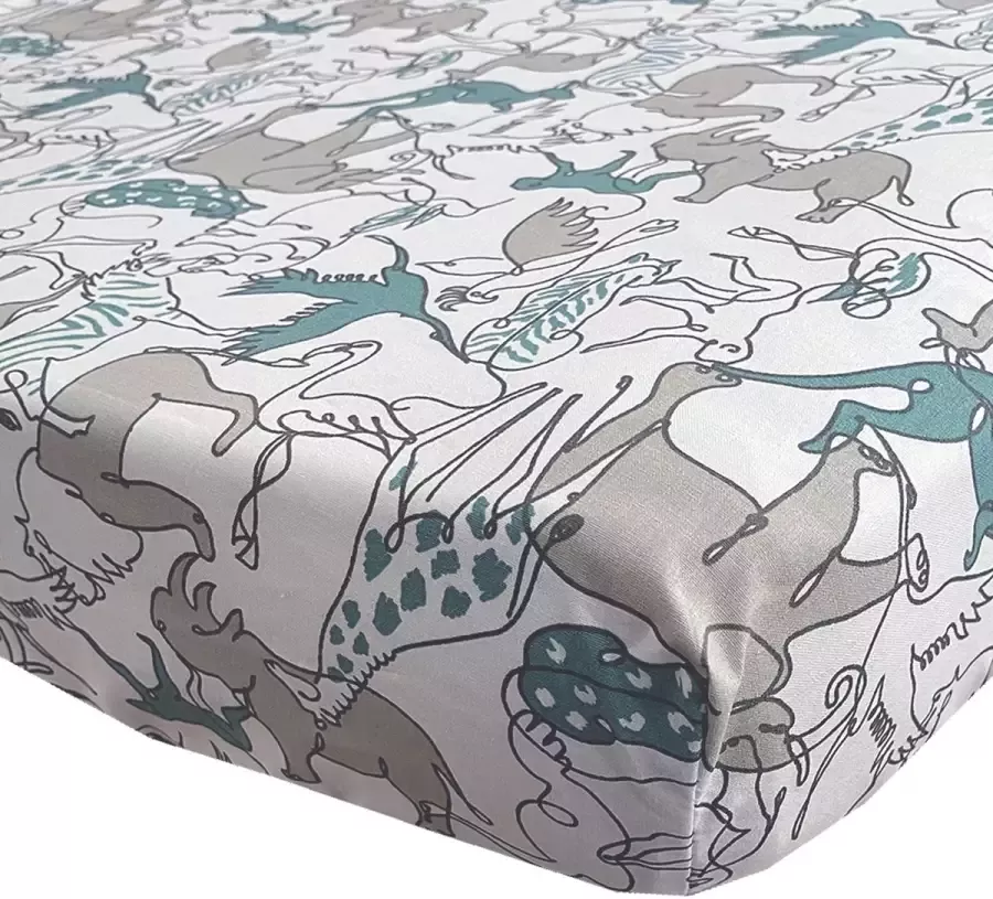 BINK Bedding Hoeslaken Safari Juniorbed 70 x 150 cm dierenprint lijntekening grijs groen wit zwart olifant tijger leeuw panter aap zebra neushoorn kangaroo flamingo jungle