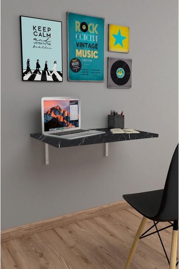 Bino 72x45 cm Klaptafel Wandtafel Keukentafel Balkontafel Bureau Mdf Zwart en Marmer