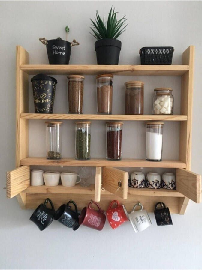 Bino Specerijenrek Kruidenrek van Natuurlijk Hout Decoratief Houten Kruidenrek Veelzijdig Keukenrek Decoratief Overdekt Gepartitioneerd 8 x 50 cm