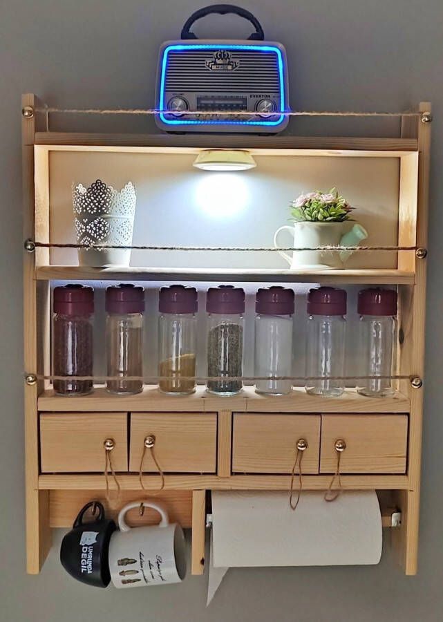 Bino Specerijenrek Kruidenrek van Natuurlijk Hout Decoratief Houten Kruidenrek Veelzijdig Keukenrek Decoratief Overdekt Gepartitioneerd 8 x 60 cm