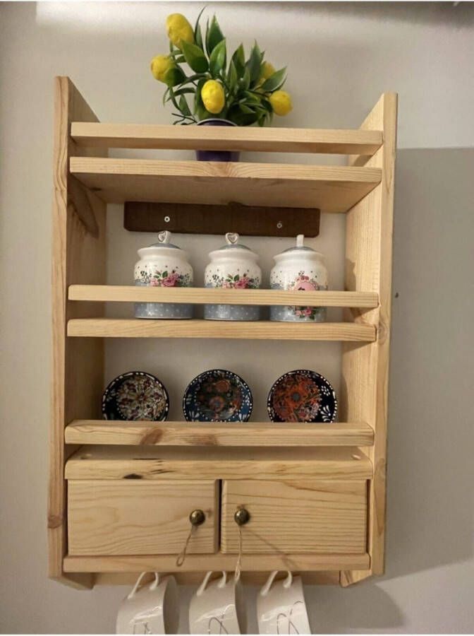 Bino Specerijenrek Kruidenrek van Natuurlijk Hout Decoratief Houten Kruidenrek Veelzijdig Keukenrek Decoratief Overdekt Gepartitioneerd 3 Haken 7.5 x 40 x 60 cm