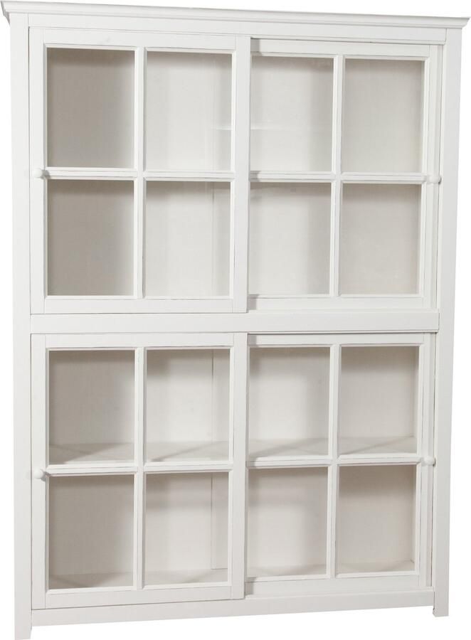 BISCOTTINI Boekenkast COUNTRY III Grote vitrinekast met 4 legplanken en schuifdeuren Massief Lindehout Antiek wit 154x37x212cm Made in Italy