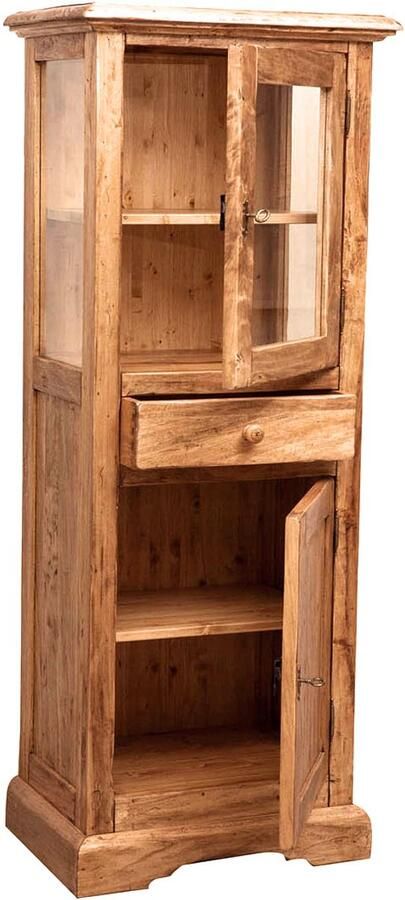 BISCOTTINI Boekenkast KIRA Smalle vitrinekast met 2 deuren 1 lade Massief Lindehout Natuurlijke Afwerking 55x43x150 cm Landelijke Stijl