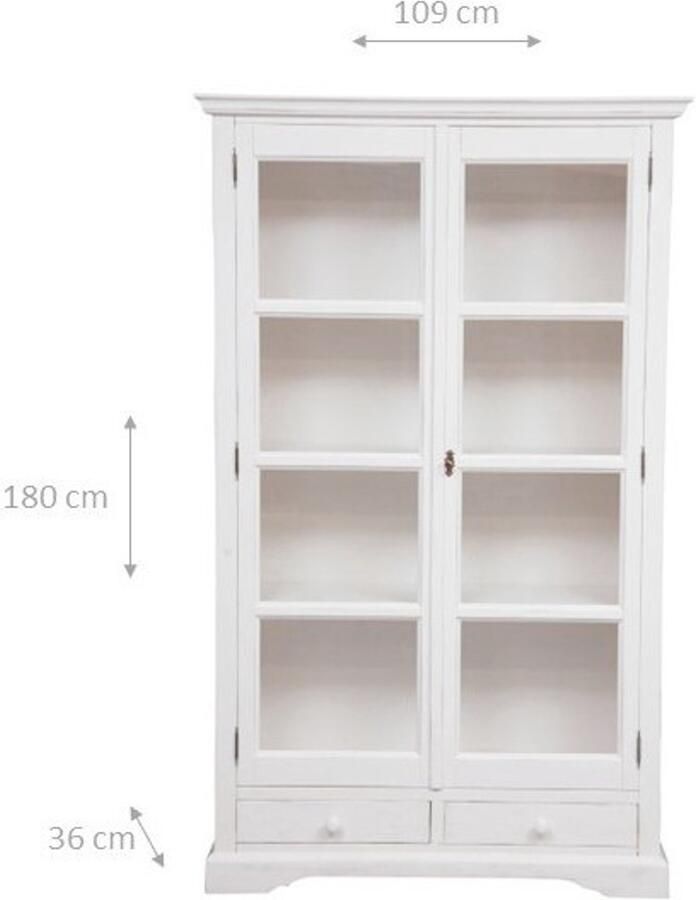 BISCOTTINI Boekenkast MIA Vitrinekast Massief lindehout Antiek Wit Afwerking Rustieke stijl 109x36x180 cm Boekenplank Made in Italy
