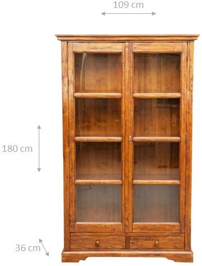 BISCOTTINI Boekenkast MIA Vitrinekast Massief lindehout Walnoot Afwerking Rustieke stijl 109x36x180 cm Boekenplank Made in Italy