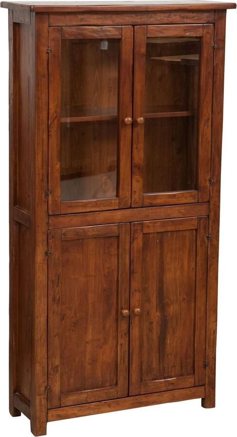 BISCOTTINI Boekenkast SOPHIE Vitrinekast met 4 legplanken 4 deuren Massief Lindehout-Walnoot Afwerking-68x25x130cm-Staande Showcase Made in Italy