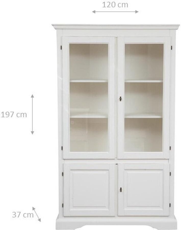 BISCOTTINI Boekenkast Vitrinekast Massief lindehout Antiek Wit 120x37x197 cm Rustieke Showcase voor woonkamers eetkamers boekenkasten