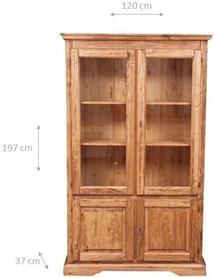 BISCOTTINI Boekenkast Vitrinekast Massief lindehout Natuurlijke Afwerking 120x37x197cm- Rustieke Showcase voor woonkamer eetkamer boekenkasten