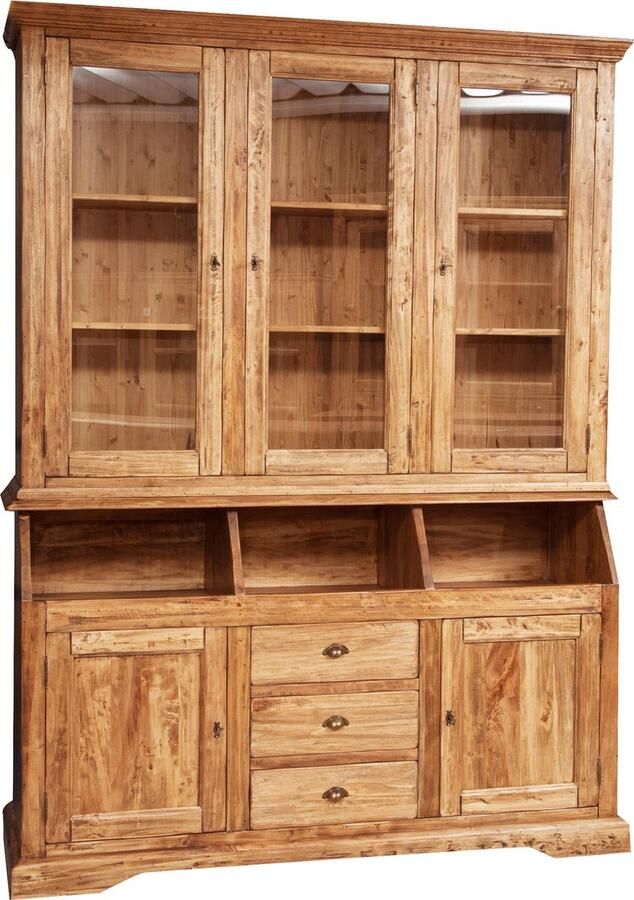 BISCOTTINI Buffetkast Handgemaakt Keukenkast Massief lindehout Natuurlijke afwerking 172x50x226 cm Boekenkasten Vitrinekast Made in Italy