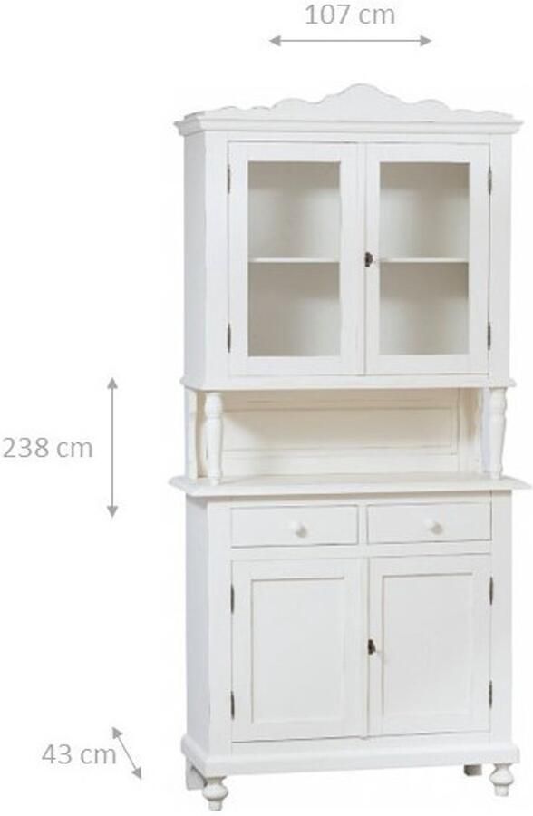 BISCOTTINI Buffetkast Keukenkast Massief Lindehout Antiek Witte Afwerking Countrystijl Vitrinekast 238x107x43 cm Rustieke Kast