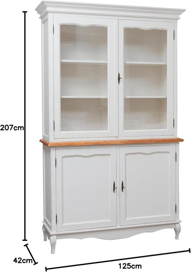 BISCOTTINI Buffetkast Keukenkast Massief Lindehout Handgemaakt Antiek Wit Natuurlijke Afwerking 125x42x207 cm Vitrinekast Landelijke stijl