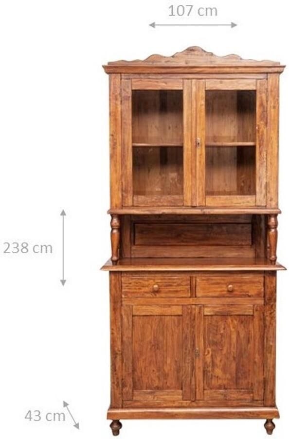 BISCOTTINI Buffetkast Keukenkast Massief Lindehout Notenhouten afwerking Countrystijl Vitrinekast 238x107x43 cm Rustieke Kast