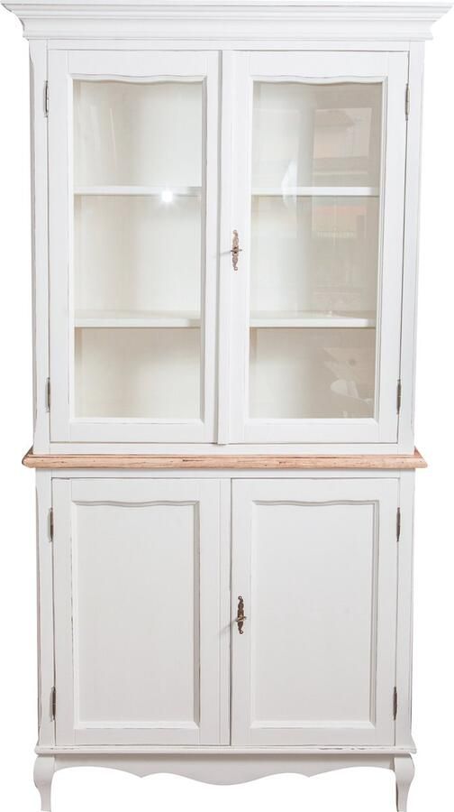 BISCOTTINI Buffetkast Keukenkast Massief Lindenhout Antiek Witte Structuur + Natuurlijke Top Vitrinekast 100x38x200 cm Landelijke Stijl Voor Keuken En Woonkamer