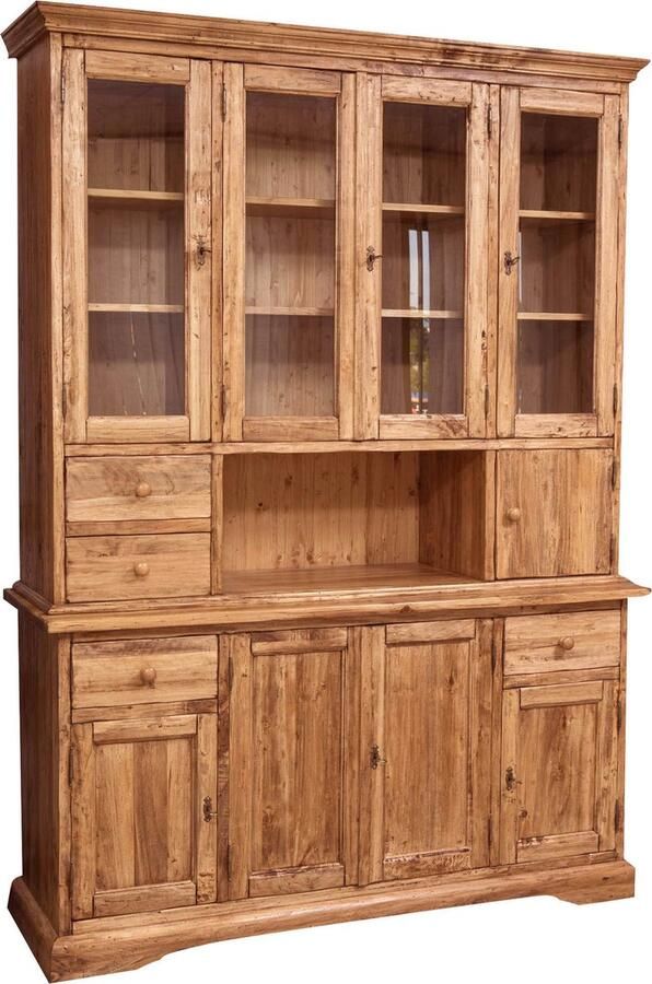 BISCOTTINI Buffetkast Rustieke Vitrinekast Massief lindehout Natuurlijke Afwerking 156x50x200 cm Handgemaakt Boekenkasten Made in Italy