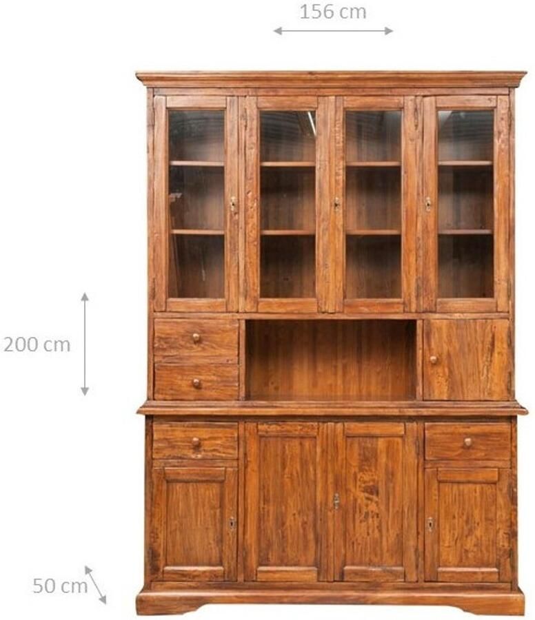BISCOTTINI Buffetkast Rustieke Vitrinekast Massief lindehout Walnoot afwerking 156x50x200 cm Handgemaakt Boekenkasten Made in Italy