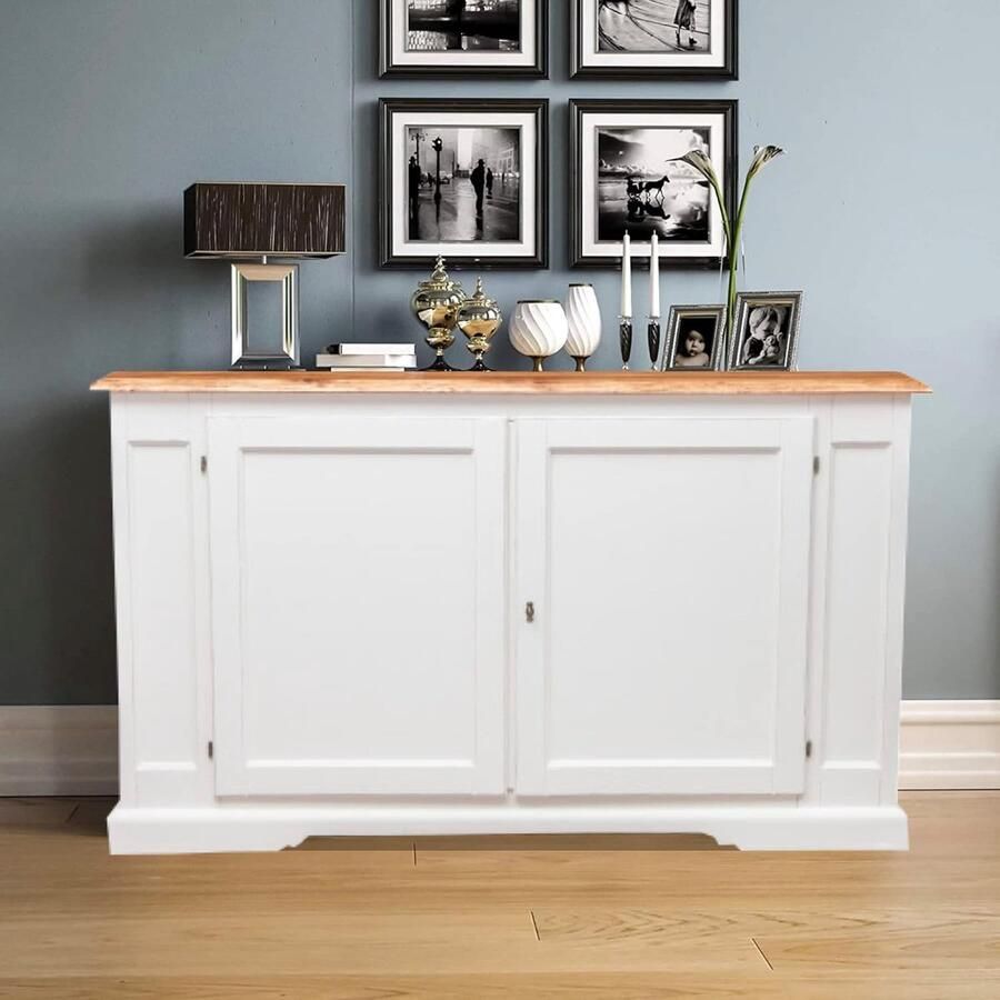 BISCOTTINI Dressoir met 2 deuren en 2 legplanken PETER Commode Massief Lindehout -Antiek Wit + Natuurlijke Top 180x58x105cm- Handgemaakte TV-meubels
